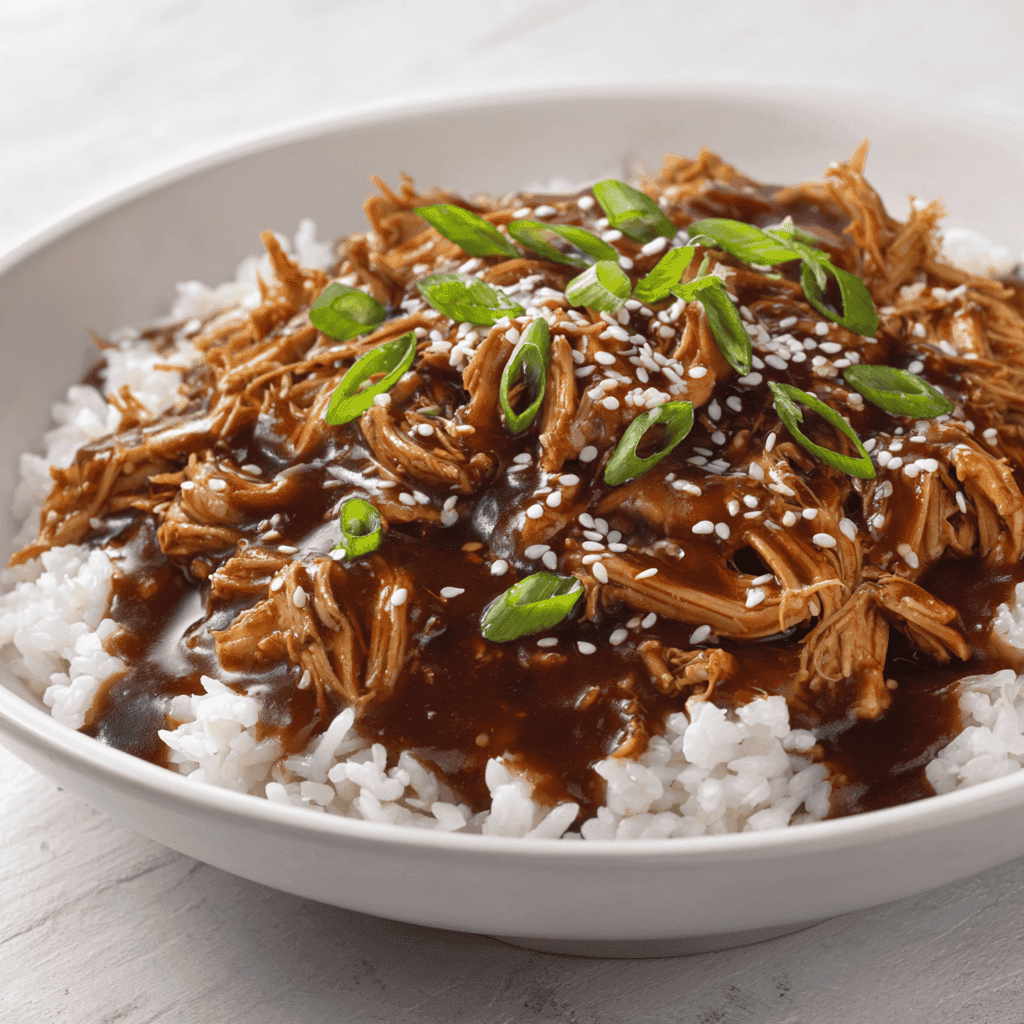 Shredded teriyaki chicken in a white bowl topped with sesame seeds and green onions.