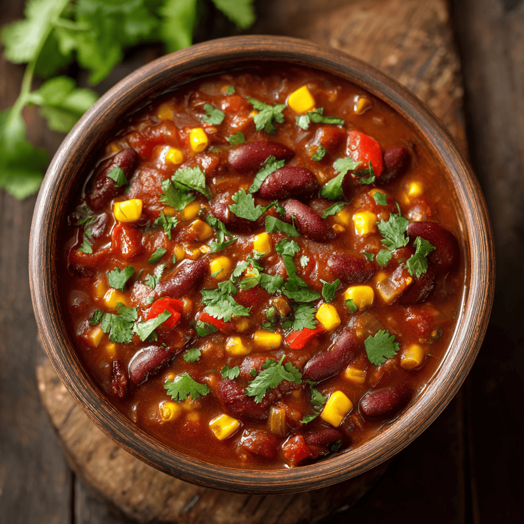 Vegetarian chili with kidney beans, corn, tomatoes, and cilantro served in a rustic bowl.