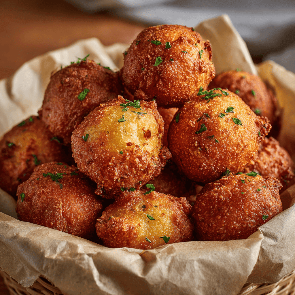 Golden-brown Southern hush puppies stacked in a parchment-lined basket.