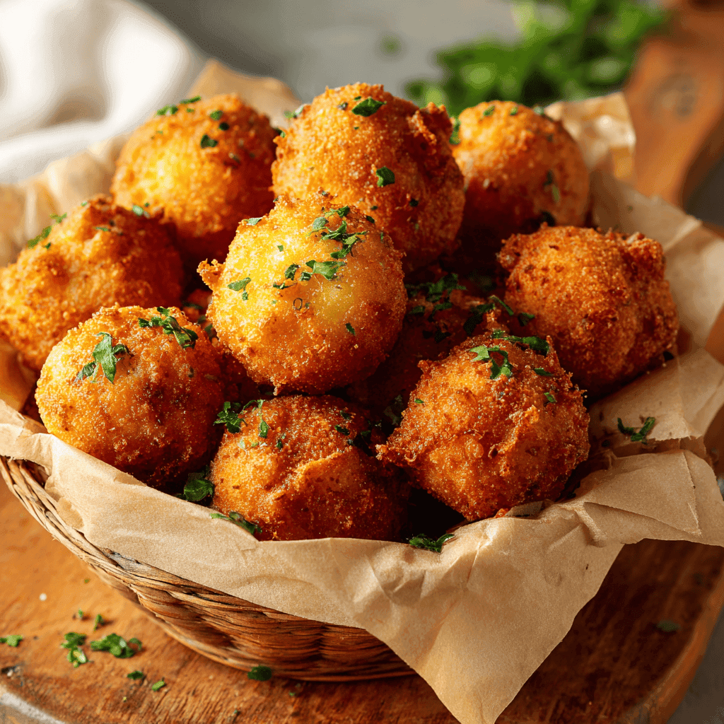 Southern hush puppies in a parchment-lined basket on a rustic surface.