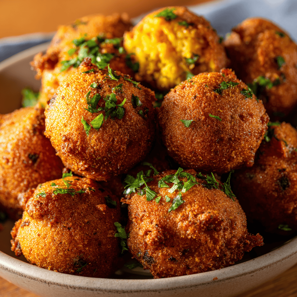 Slight-angle view of crispy Southern hush puppies in a parchment-lined basket.