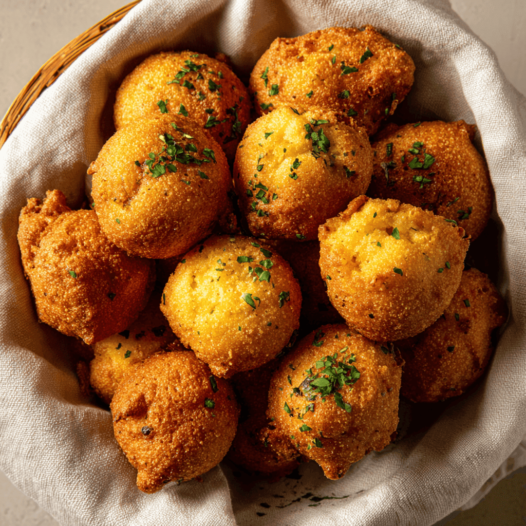Top view of golden Southern hush puppies in a parchment-lined basket.