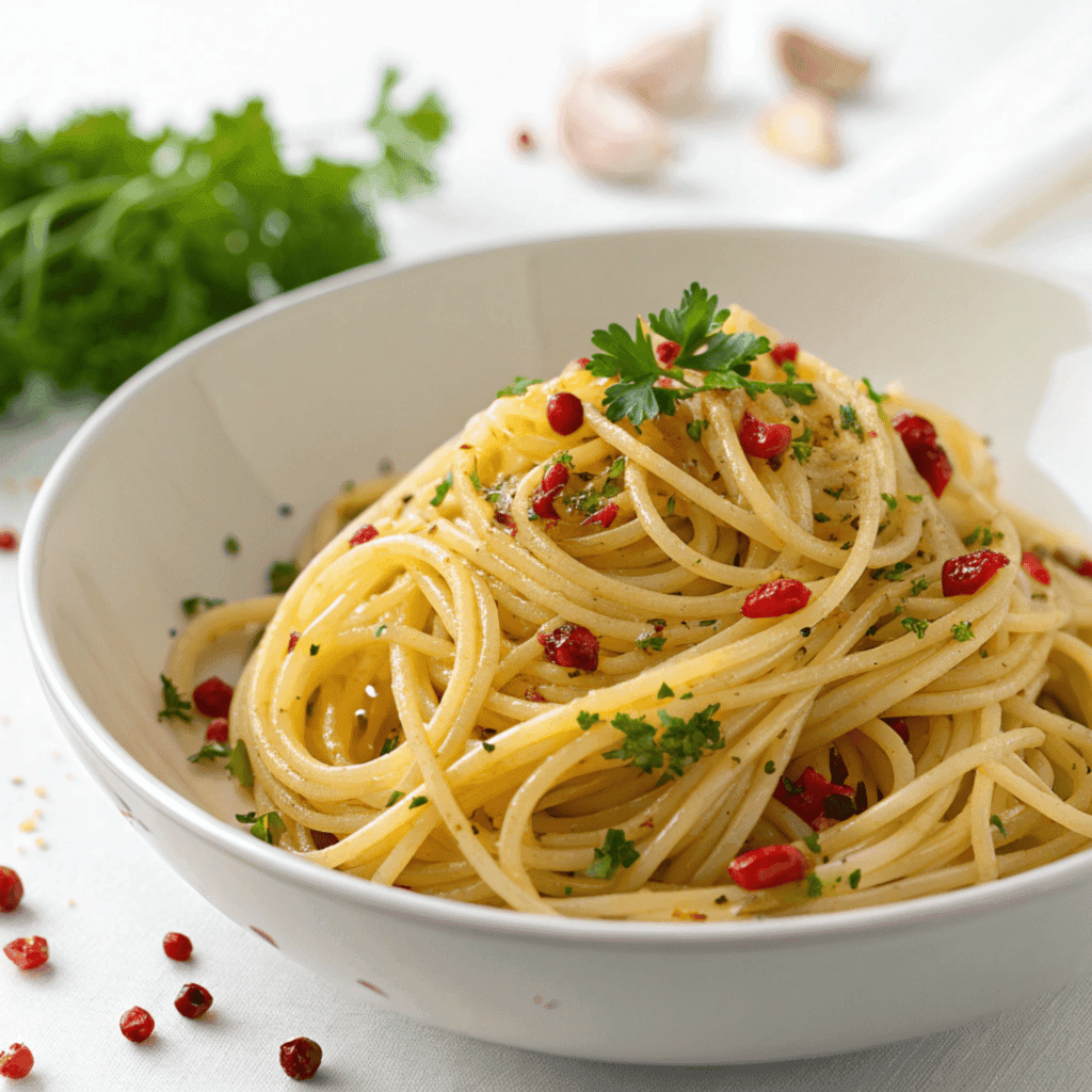 Pasta with Garlic Olive Oil Sauce – Classic Aglio e Olio Recipe 3 Top-view garlic olive oil spaghetti bowl with parsley and pepper flakes.