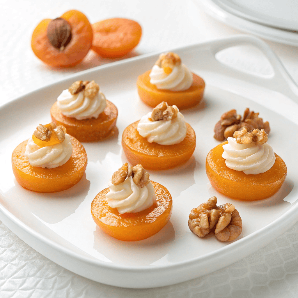 Dried apricot goat cheese appetizers plated simply on white dish