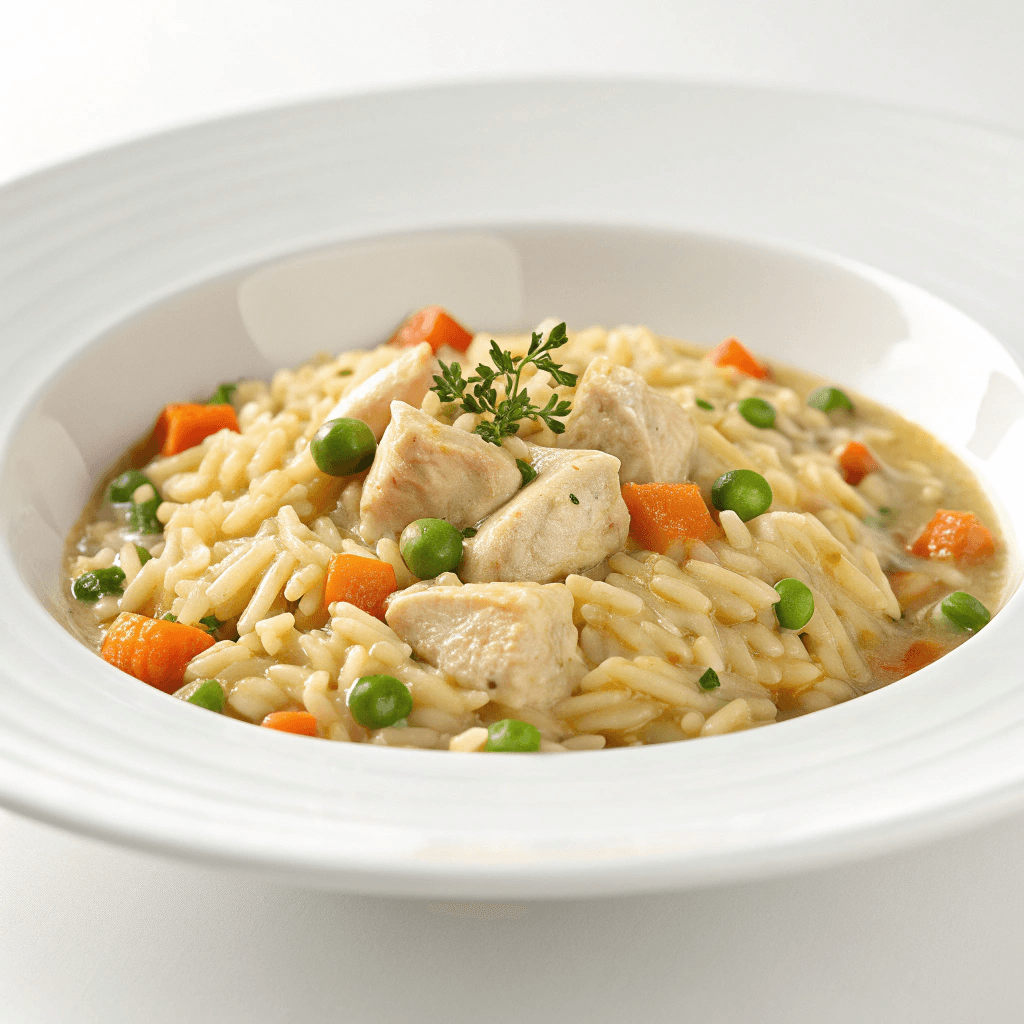 Creamy chicken pot pie orzo with vegetables in white bowl