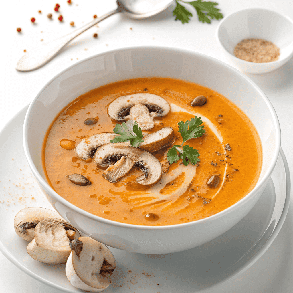 Best Hungarian Mushroom Soup with Dill and Paprika 1 Creamy paprika mushroom soup in a minimalist white bowl