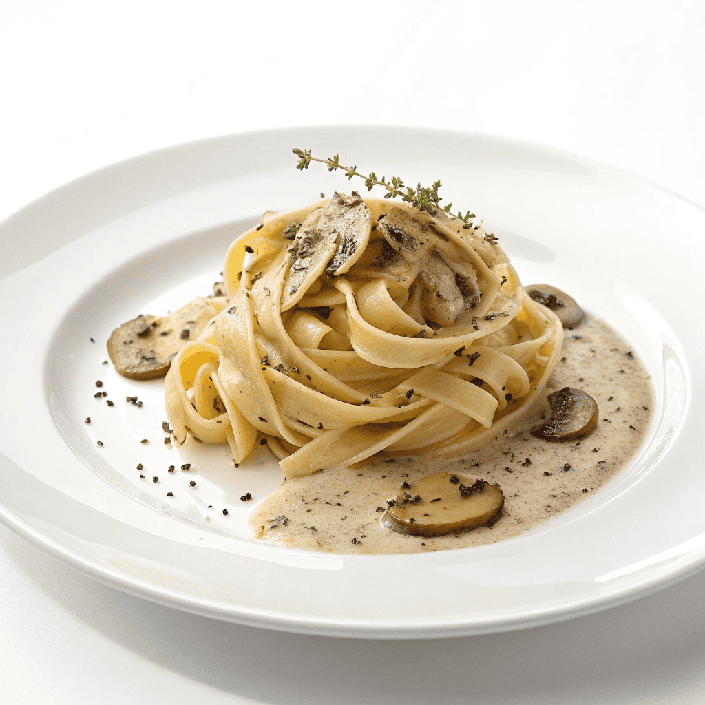 Creamy mushroom pasta with Gruyère cheese served on white plate