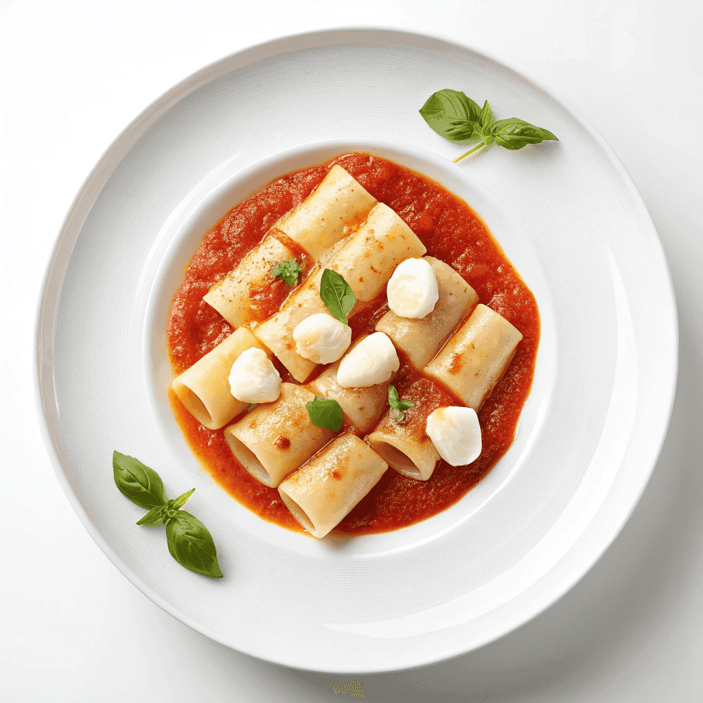 Pasta alla Sorrentina plated cleanly with tomato sauce and melted mozzarella