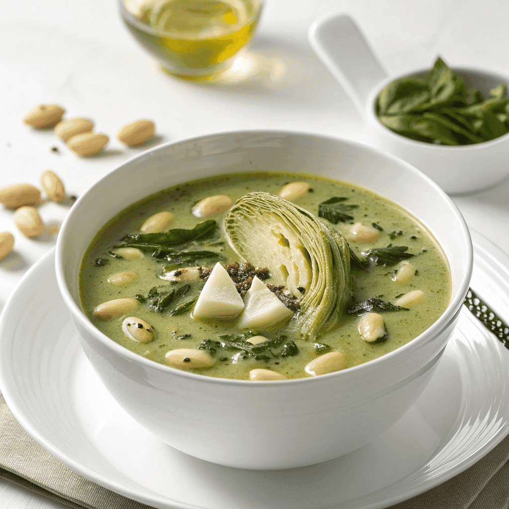 Hearty bowl of creamy spinach artichoke white bean soup