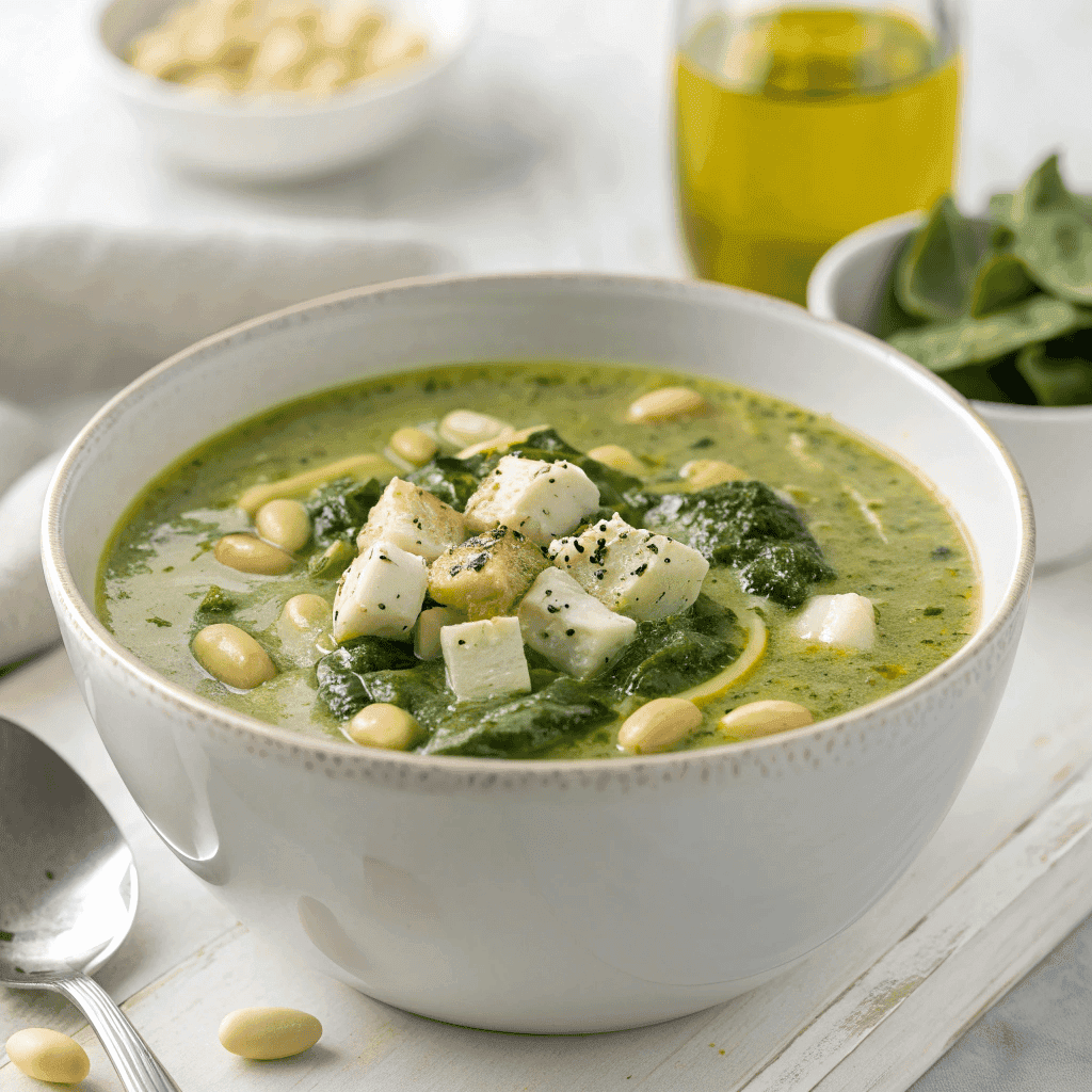 Creamy green spinach artichoke white bean soup served simply