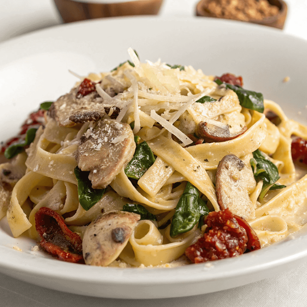 Sun-dried tomato pasta shown from a slight angle with mushrooms, spinach, and parmesan.