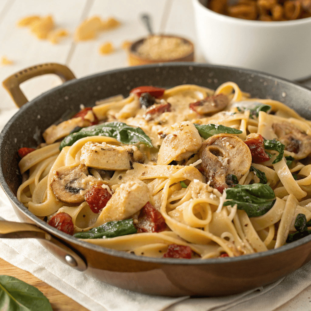 Sun-dried tomato pasta in a skillet with mushrooms, spinach, chicken, and parmesan.
