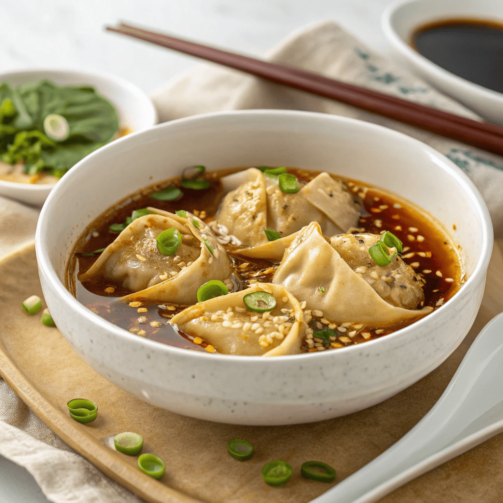 Tofu wontons in a serving bowl with chili-soy broth, green onions, and sesame seeds.