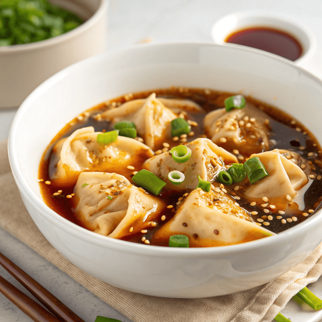 Tofu wontons in chili-soy broth topped with green onions and sesame seeds in a white bowl.