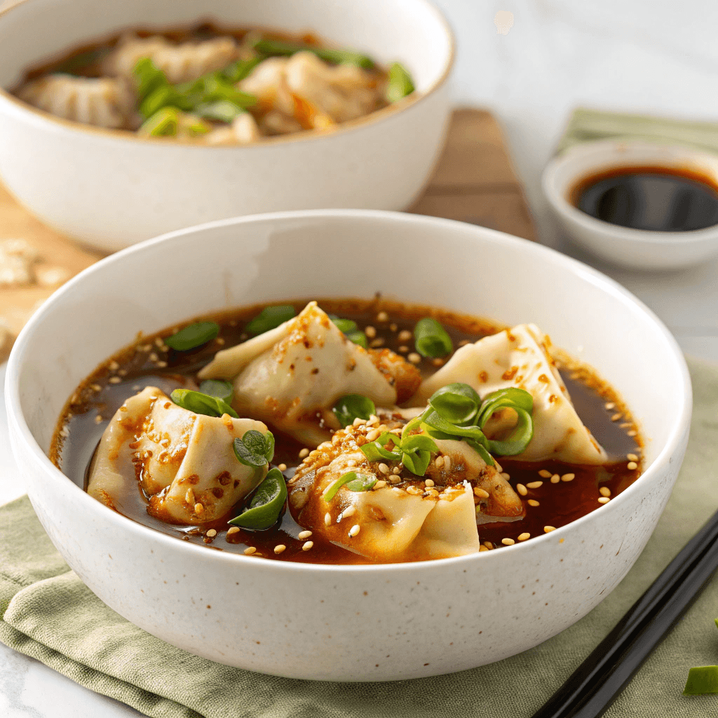 Tofu wontons shown from a slight angle with scallions and sesame seeds in chili-soy broth.