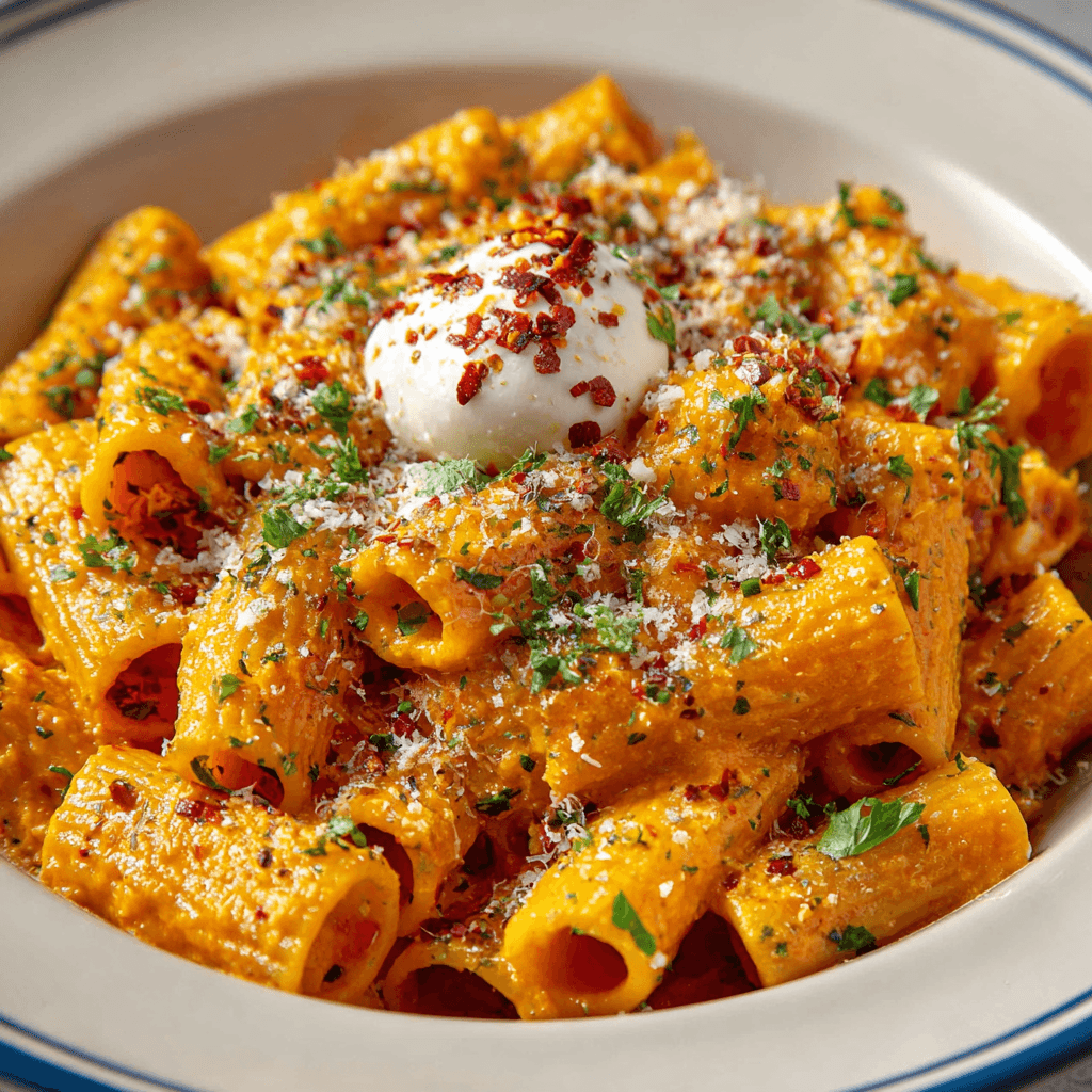 Tomato garlic rigatoni coated in creamy sauce with herbs, cheese, chili flakes, and mozzarella.