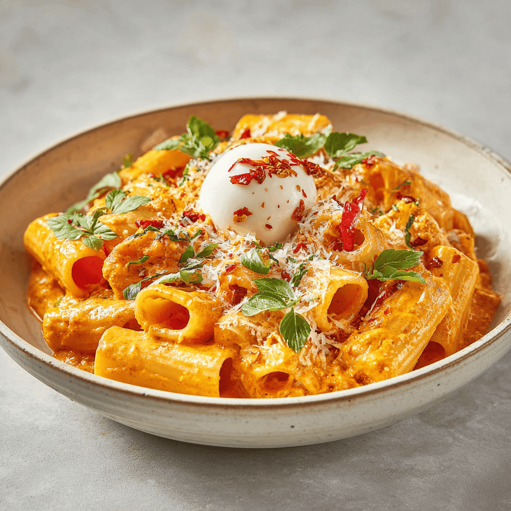 Tomato garlic pasta in a bowl showing creamy sauce, herbs, cheese, and mozzarella.
