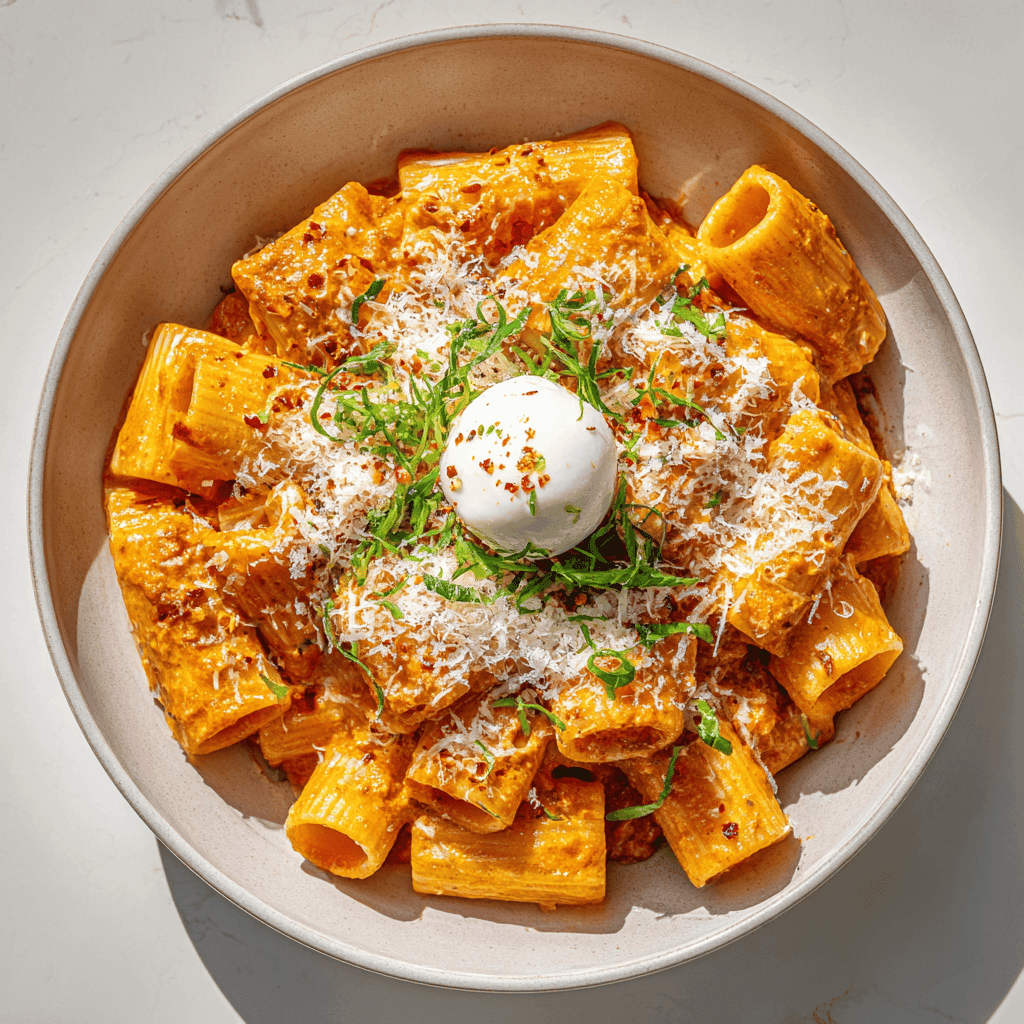 Top-view creamy tomato garlic pasta with herbs, grated cheese, and mozzarella.