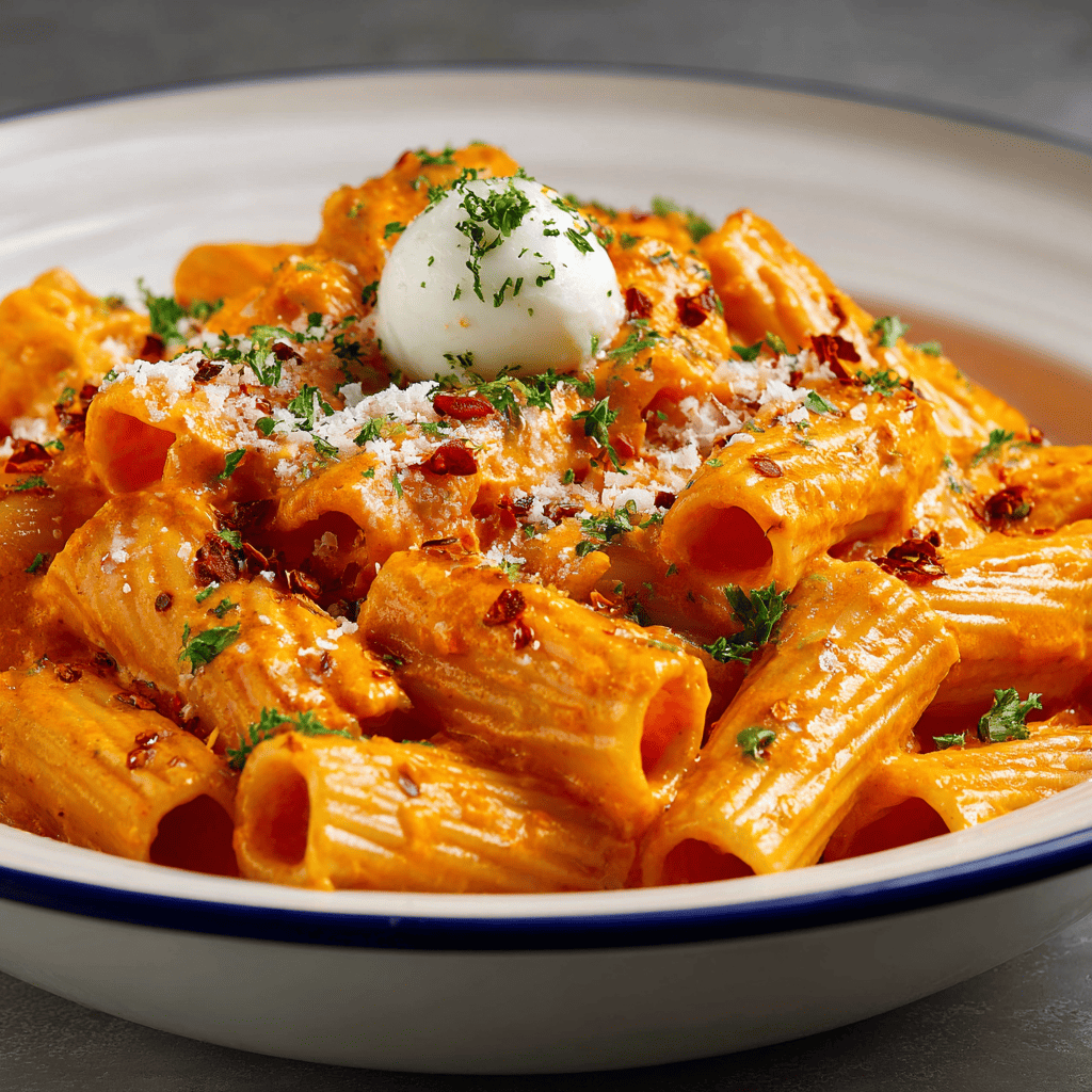 Angled view of tomato garlic pasta with creamy sauce, herbs, cheese, and mozzarella.