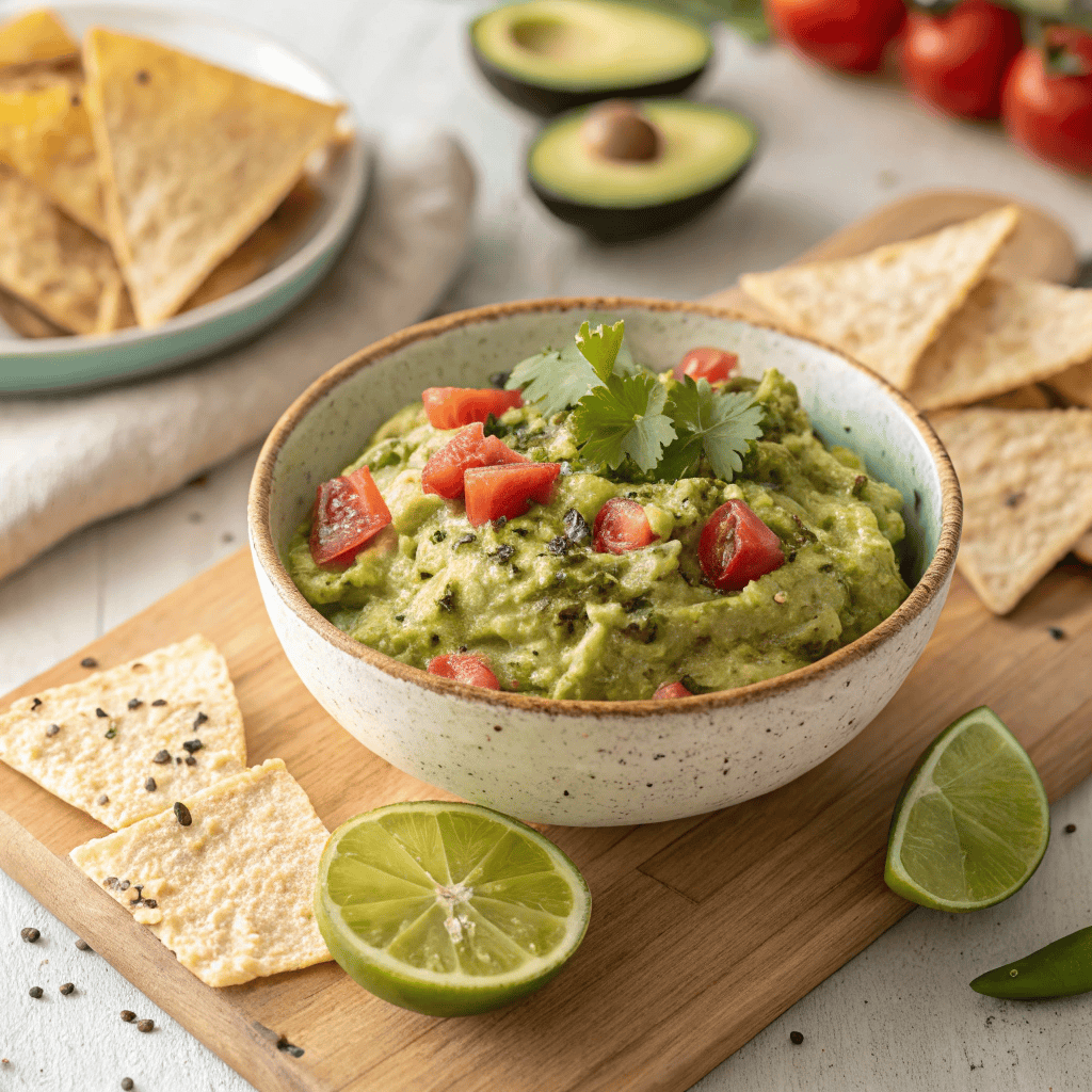 Top-down view of a full bowl of chunky homemade guacamole with chips and garnishes.