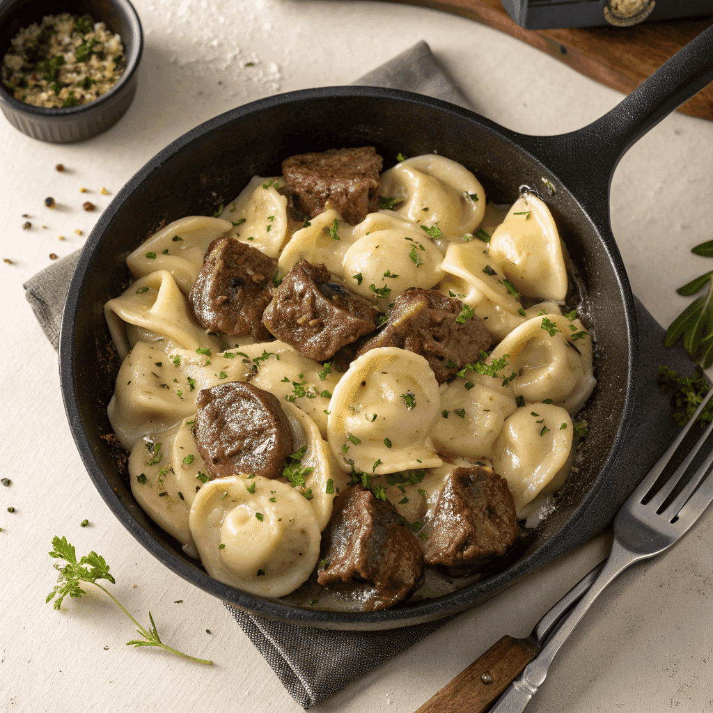 Top-down view of a skillet filled with creamy garlic tortellini and seared steak bites.