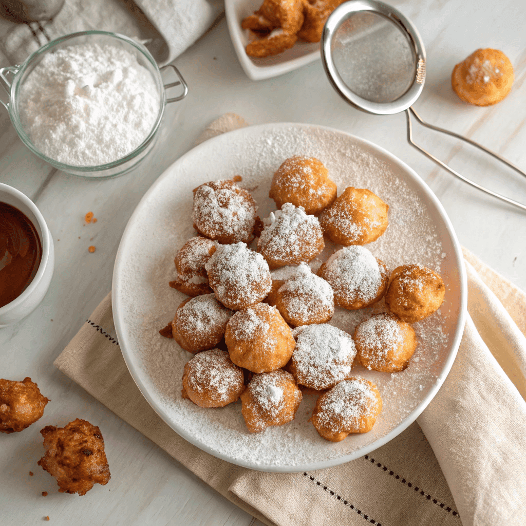 Air Fryer Funnel Cake Bites Recipe | Easy, Crisp & Golden 2 Top-down view of a full plate of powdered sugar–coated funnel cake bites.