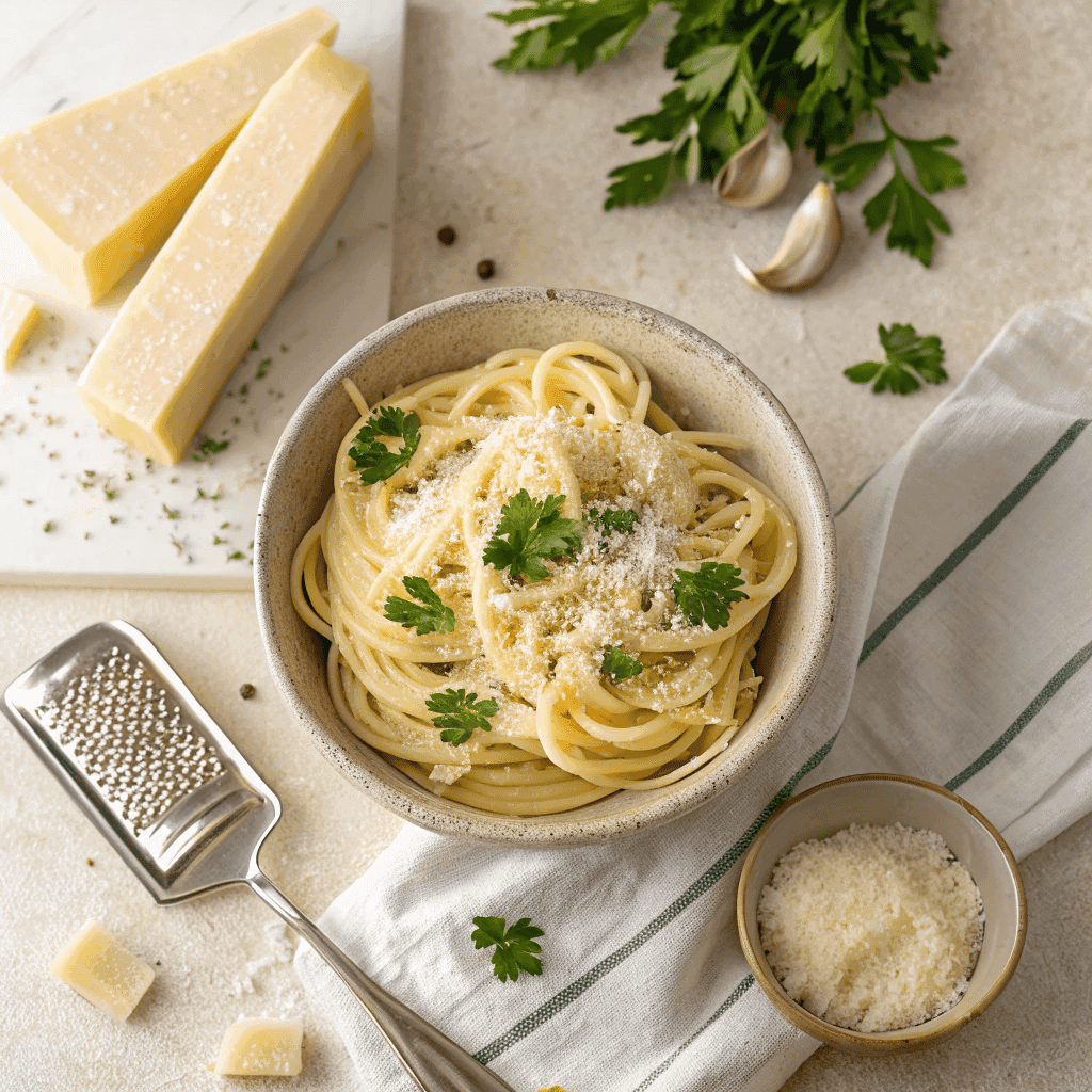 Top-down view of a full bowl of garlic butter spaghetti with parmesan.