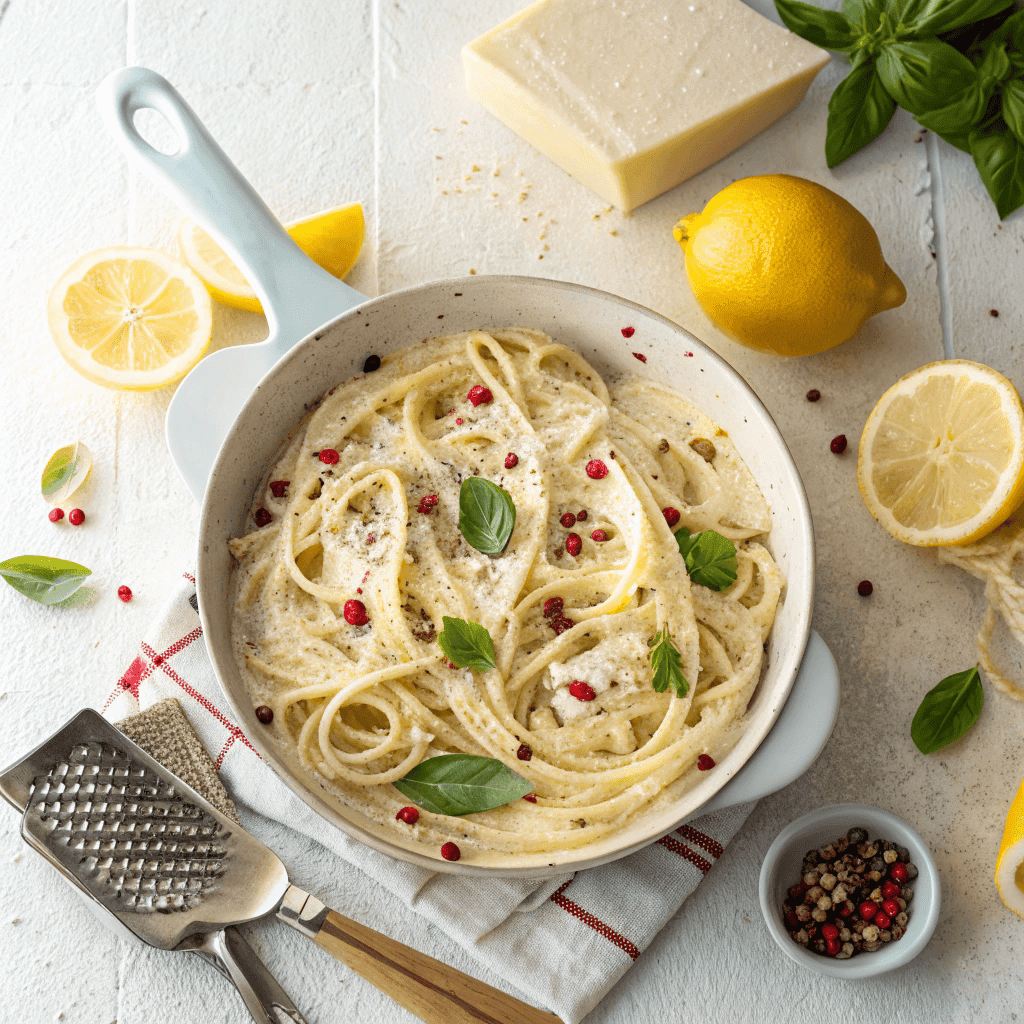 Lemon Ricotta Pasta Recipe – Fresh, Creamy & Easy Dinner 2 Top-down view of a full skillet of creamy lemon ricotta pasta with basil.