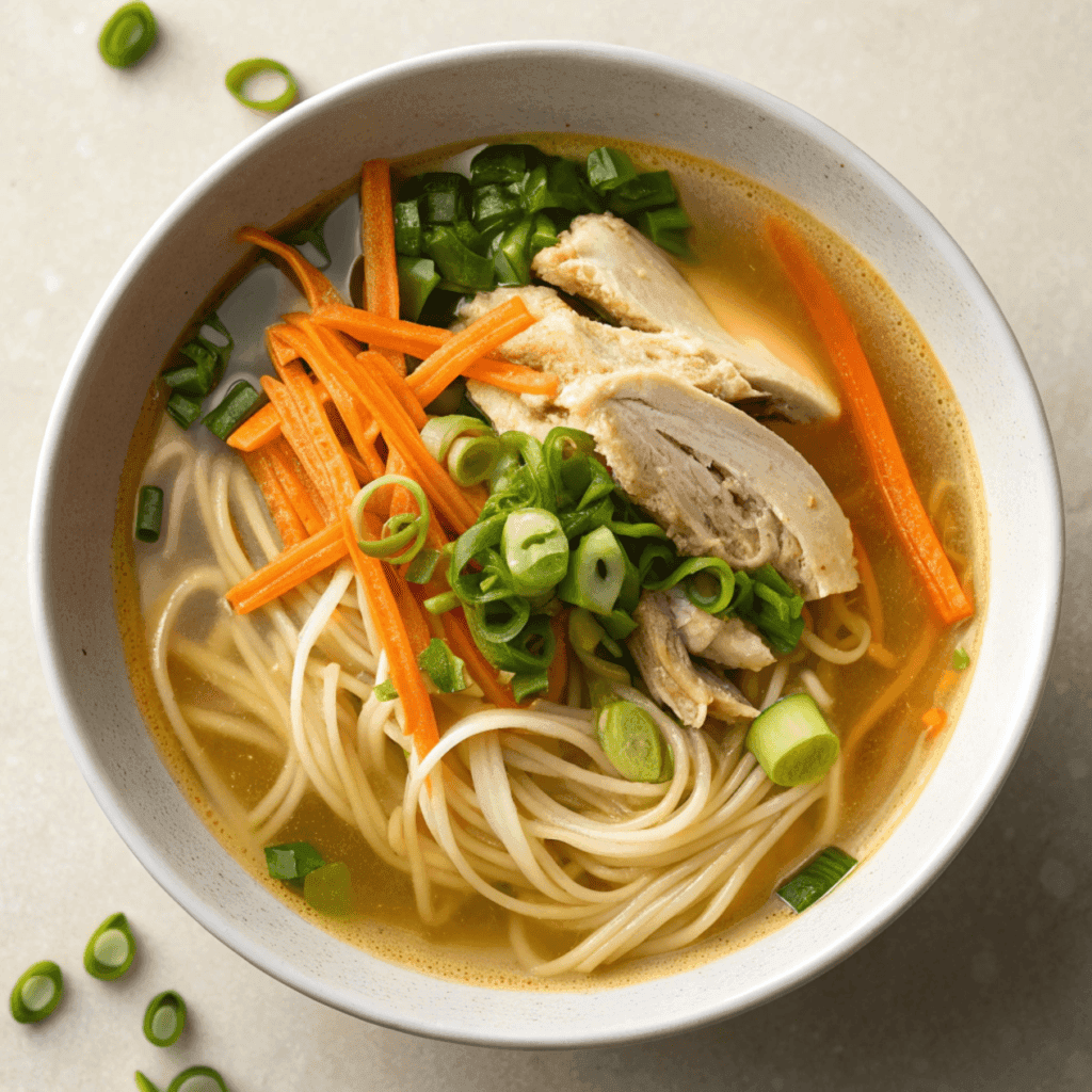 Top view of ginger scallion chicken noodle soup with clear broth and fresh garnishes.