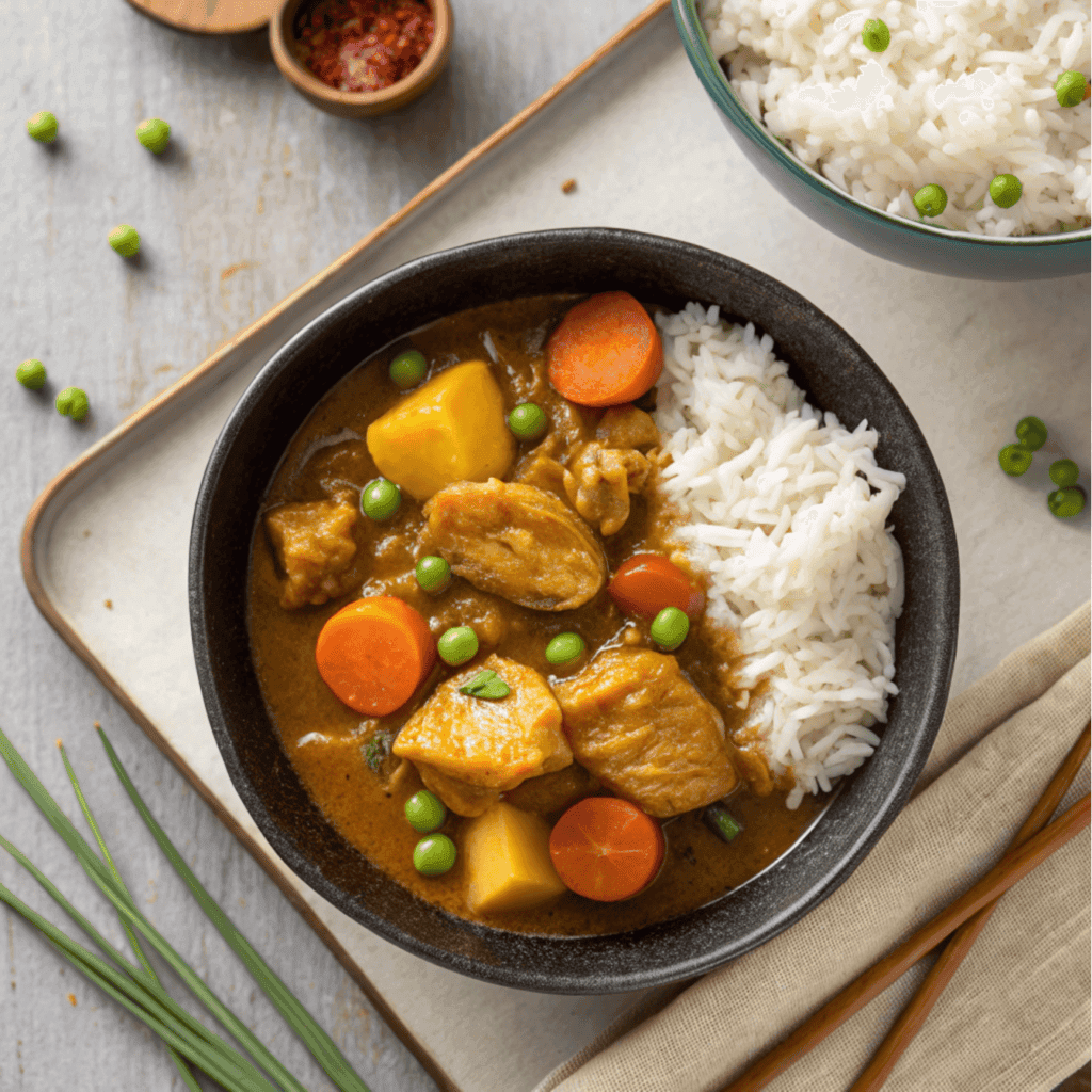 Overhead view of a full bowl of Japanese curry with chicken, potatoes, carrots, peas, and rice.