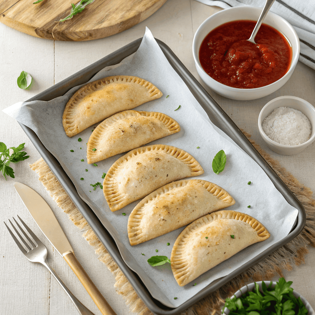 Air Fryer Calzones | Crispy, Cheesy & Ready in 15 Minutes 2 Top-down view of a full tray of golden air fryer calzones with marinara sauce.