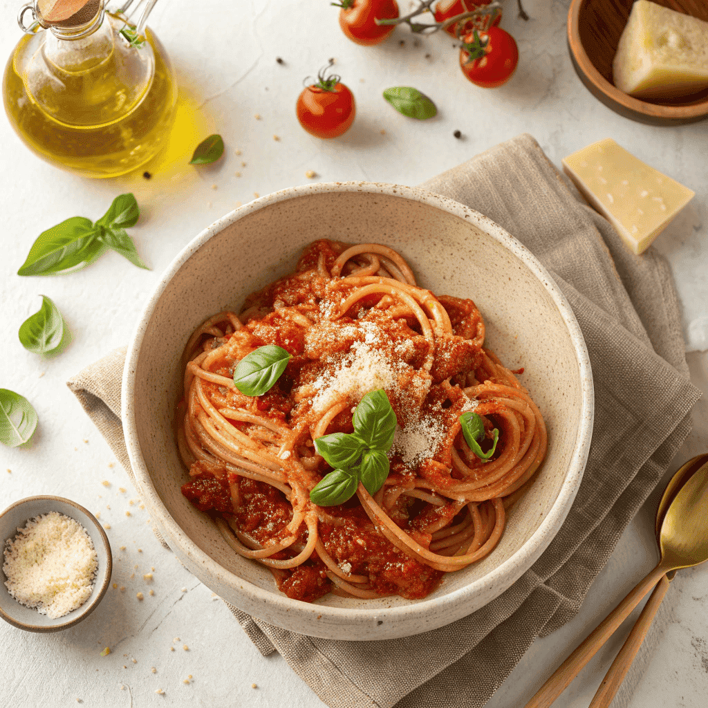 Pasta napoletana with tomato sauce, parmesan, and basil in a shallow bowl.