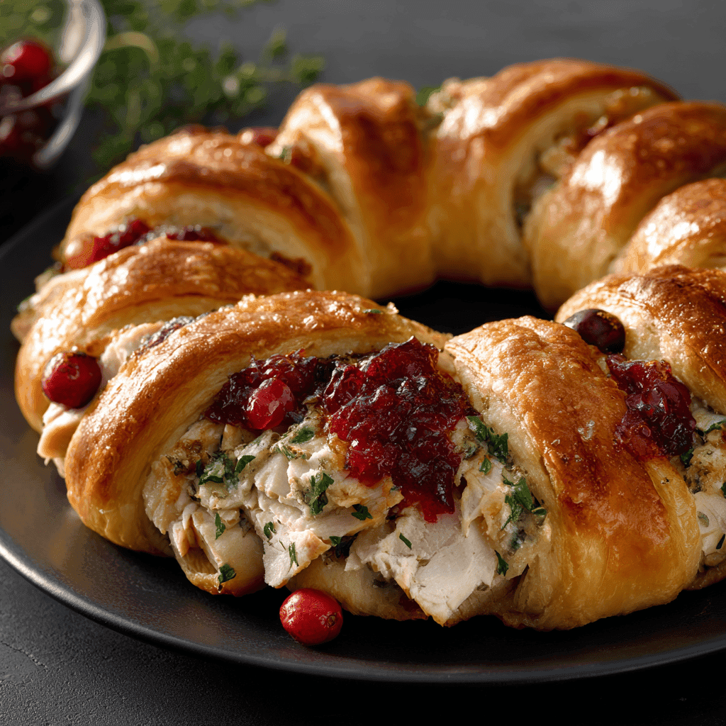 Turkey cranberry crescent ring with golden dough, turkey slices, and cranberry filling.