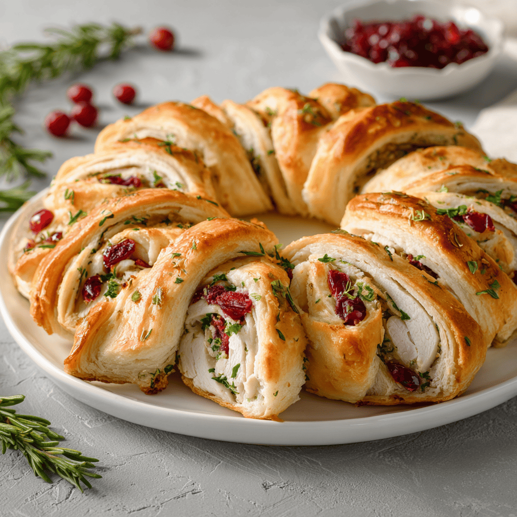Turkey cranberry crescent ring arranged on a clean surface with bright cranberry center.