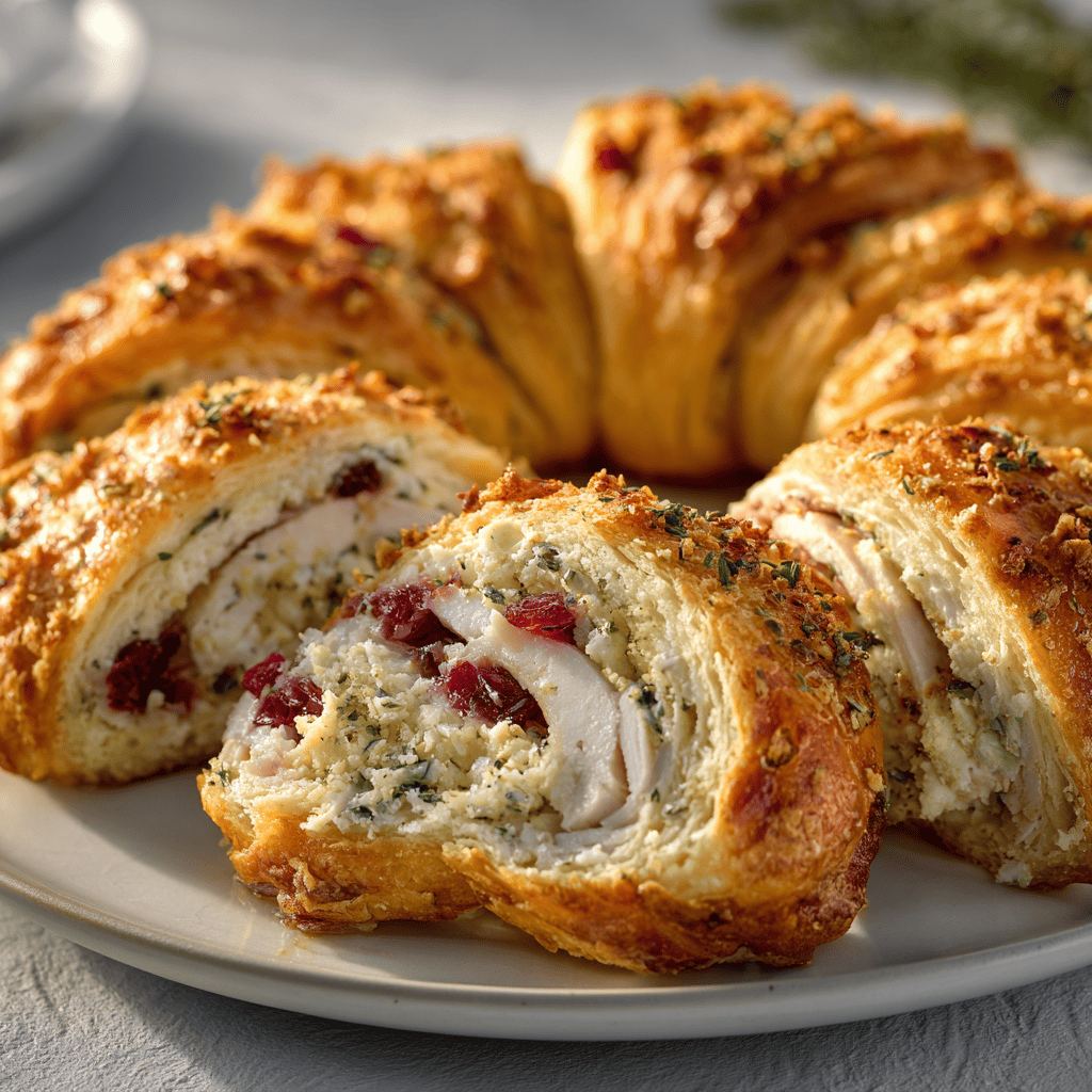 Slight-angle view of a turkey cranberry crescent ring with golden crust.