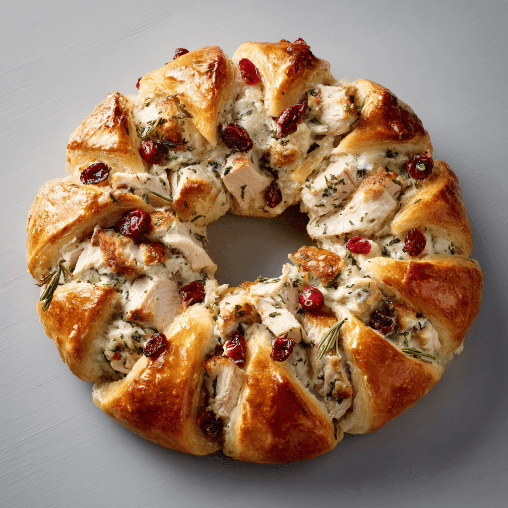 Finished turkey cranberry crescent ring showing golden crust and cranberry center.