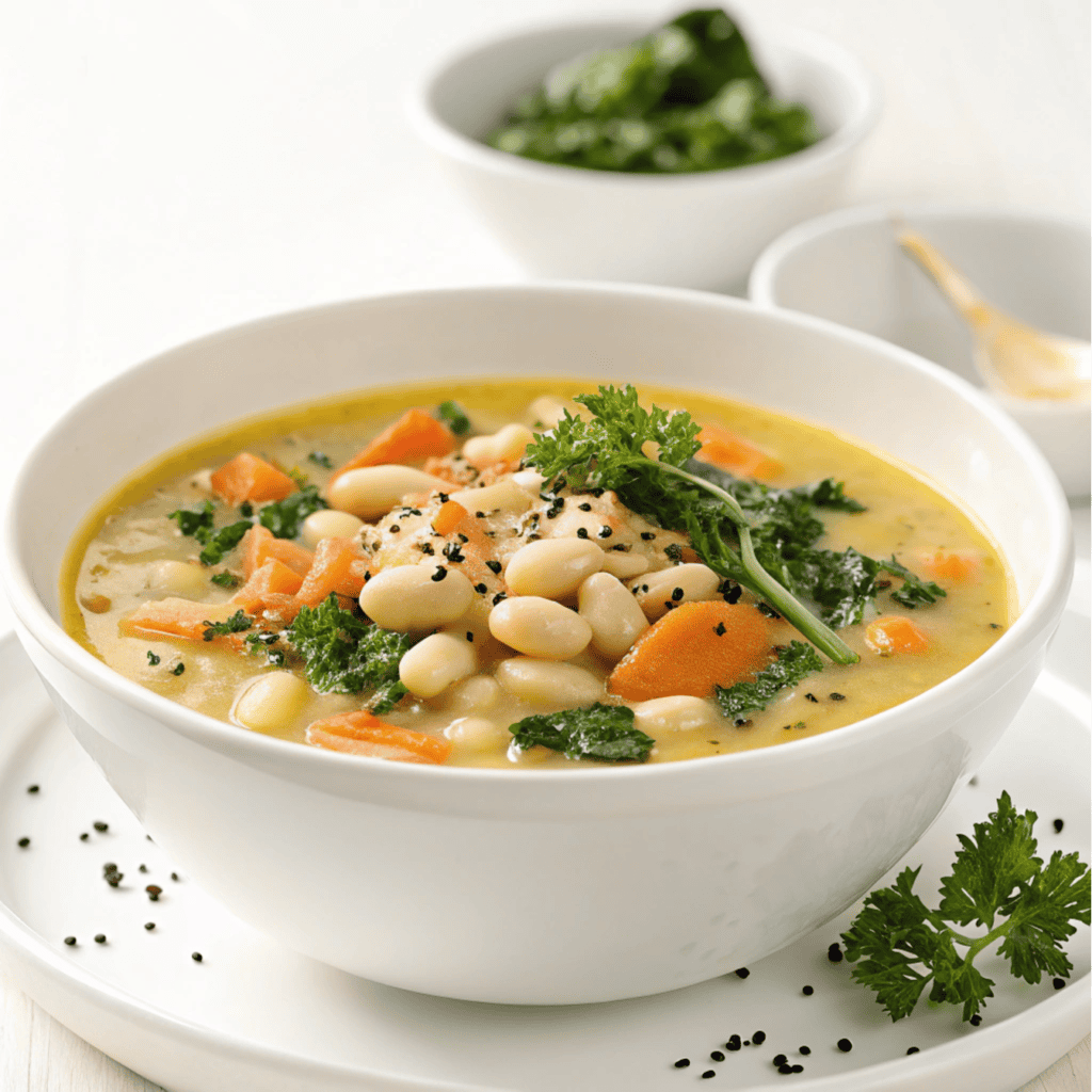 Creamy Tuscan white bean soup with vegetables served in a white bowl.