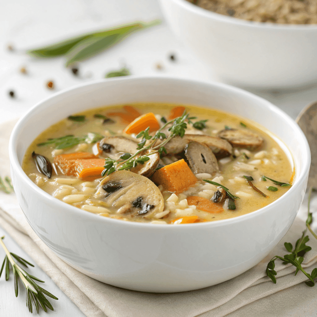 Wild rice soup with vegetables and herbs served in a white bowl.