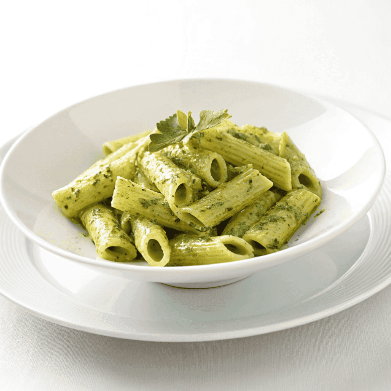 Avocado pesto pasta served on a white plate with creamy green sauce