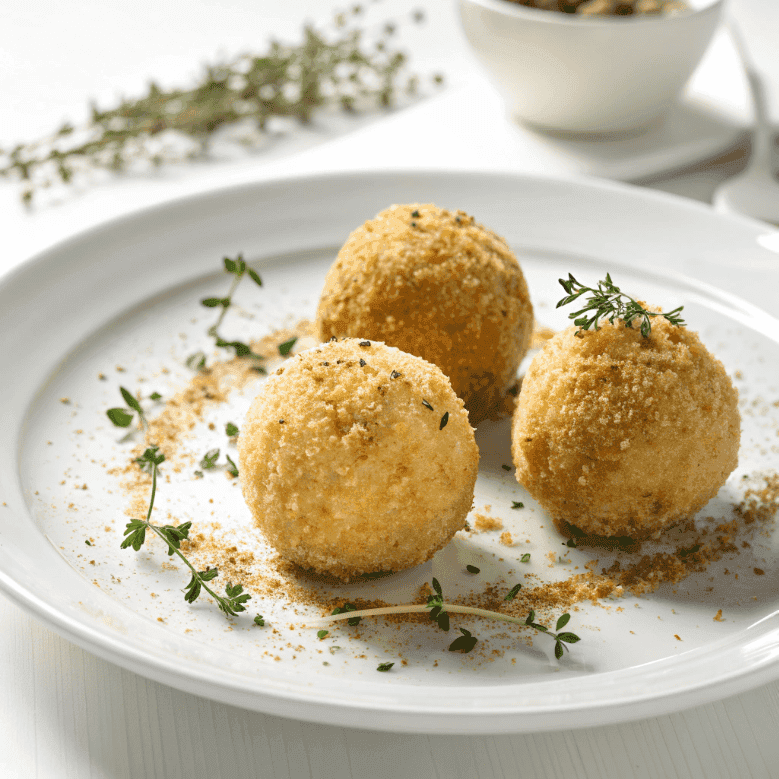 Baked arancini rice balls with golden breadcrumb coating served on a white plate