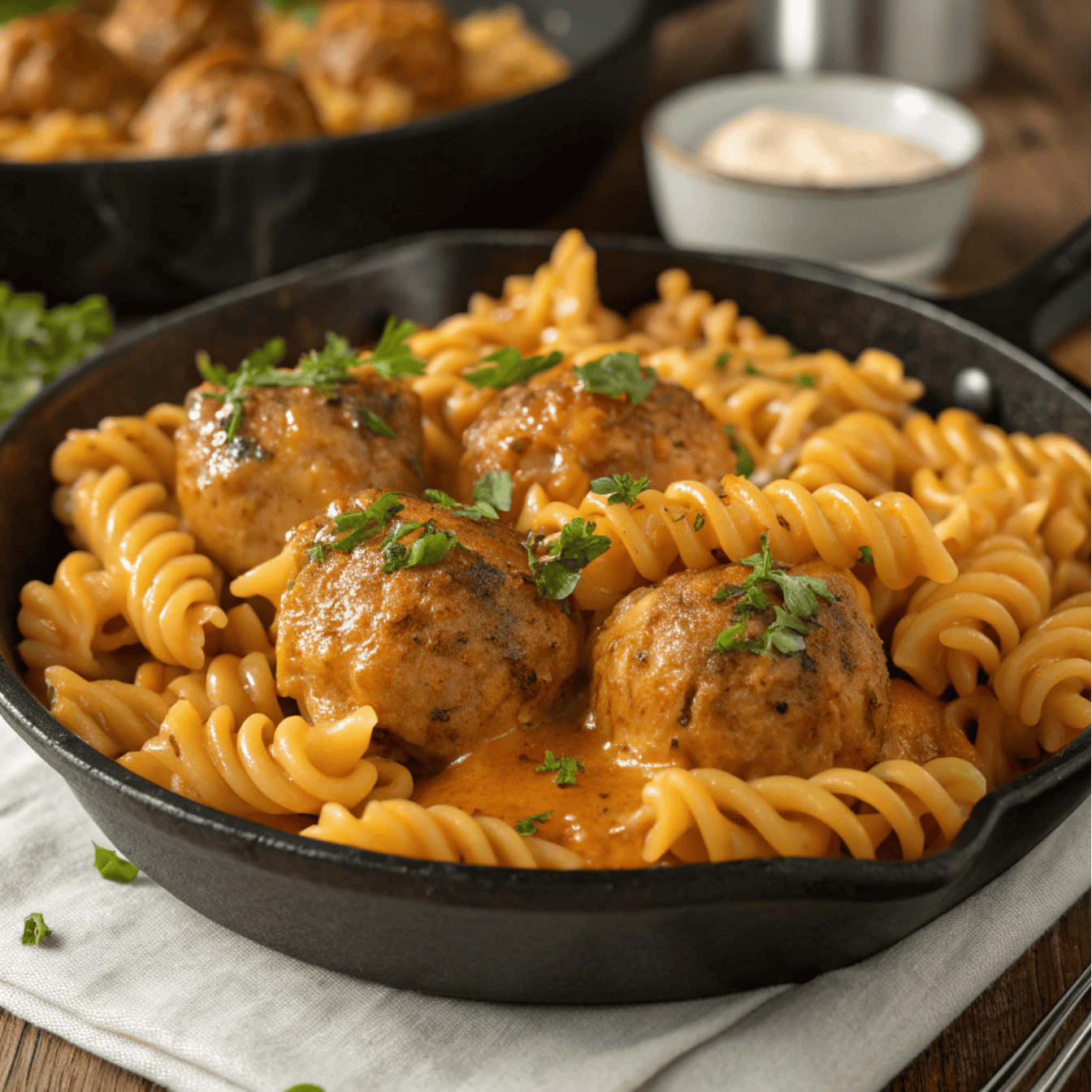 Hero shot of BBQ ranch meatball pasta in a skillet with melted cheese and parsley.