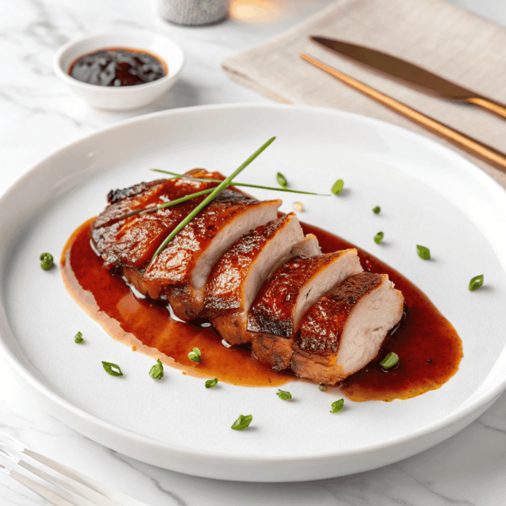 Sliced char siu chicken with glossy red glaze served on a white plate.