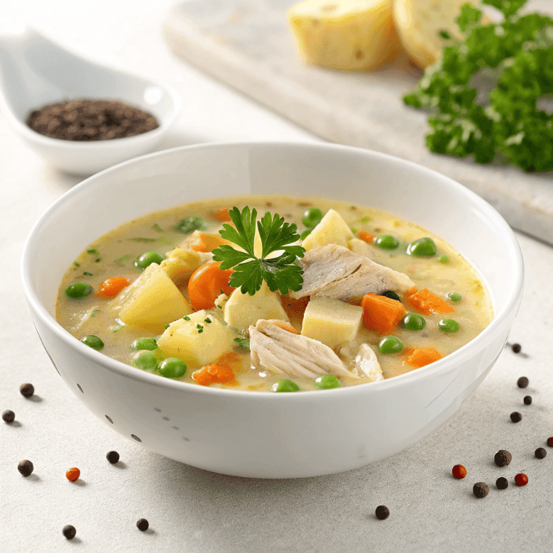 Chicken potato soup served in a white bowl with chicken, potatoes, carrots, peas, and creamy broth