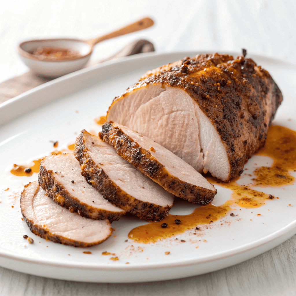 Cajun roasted turkey breast slices on a white plate with visible spice crust and juices.