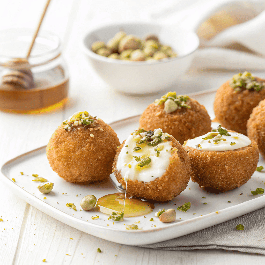 Pistachio honey bites with creamy filling served on a white plate.