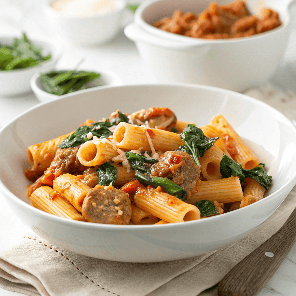 Sausage rigatoni pasta with spinach in creamy tomato sauce on a white background.