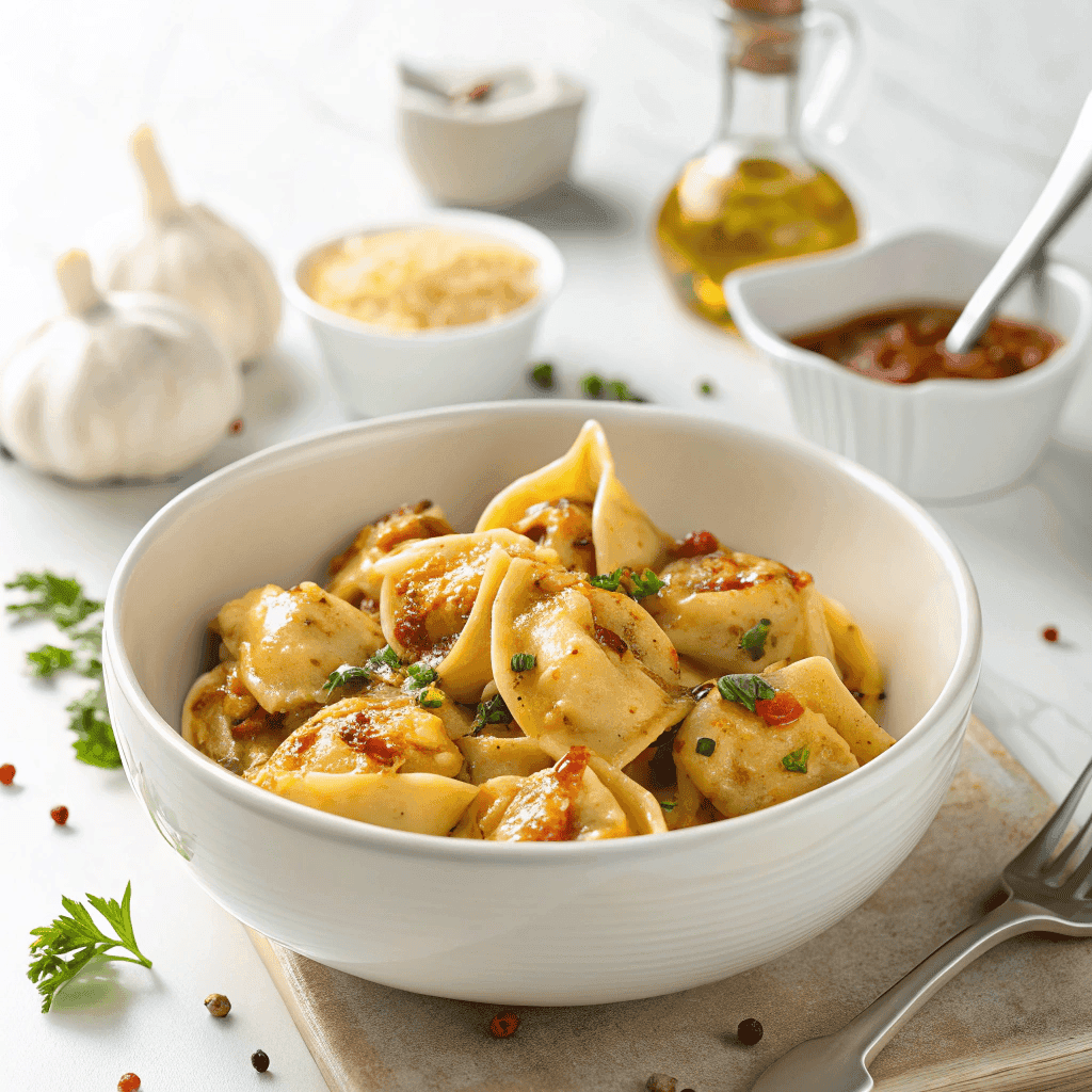 Spicy garlic butter chicken tortellini served in a white bowl.