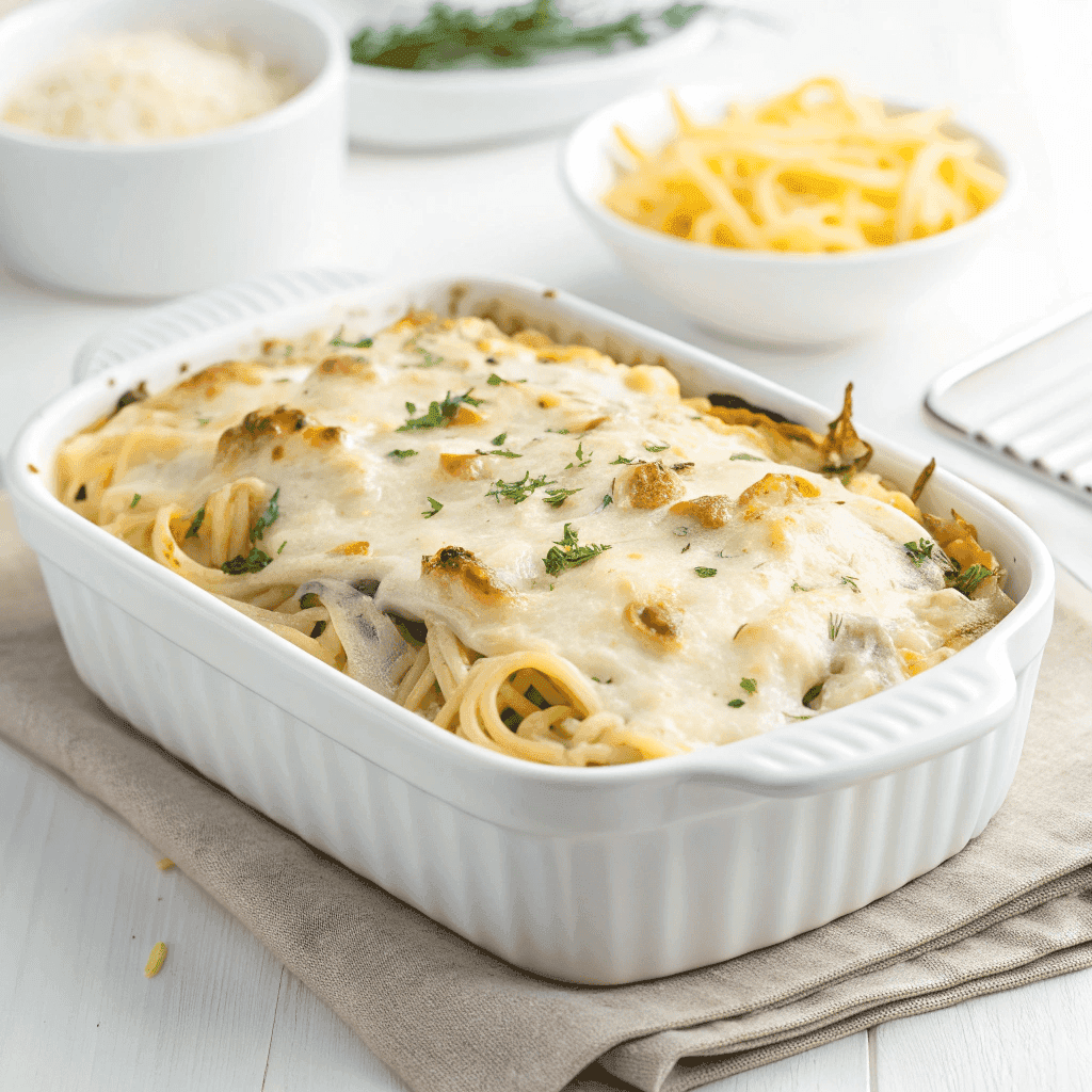 Chicken tetrazzini baked in a white dish with melted cheese and creamy pasta.