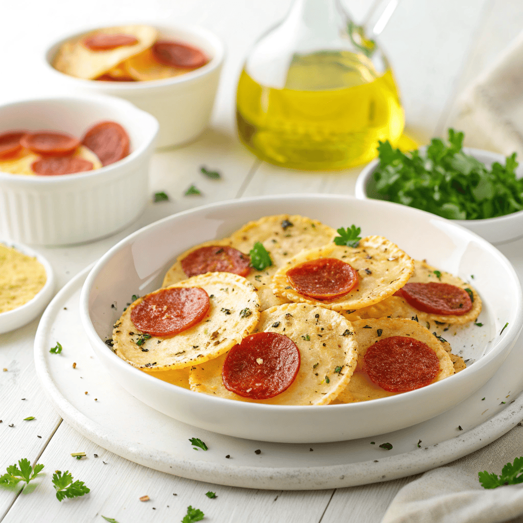 Pepperoni cheese crisps on a white plate with melted cheese and black pepper seasoning.