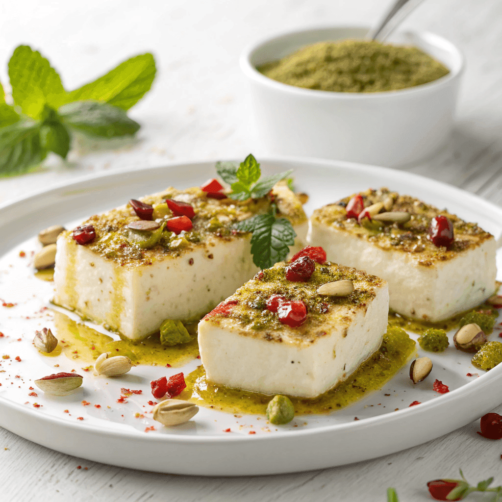 Pistachio-crusted halloumi cheese with honey drizzle served on a white plate.